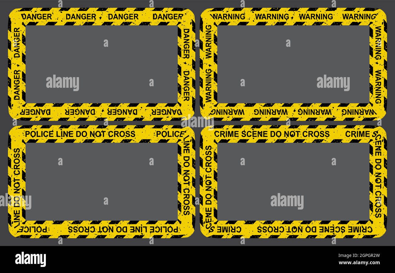 Crime yellow tape frame set. Empty border collection with police strip ribbon. Vector rectangle criminal backgrounds with copy space. Stock Vector