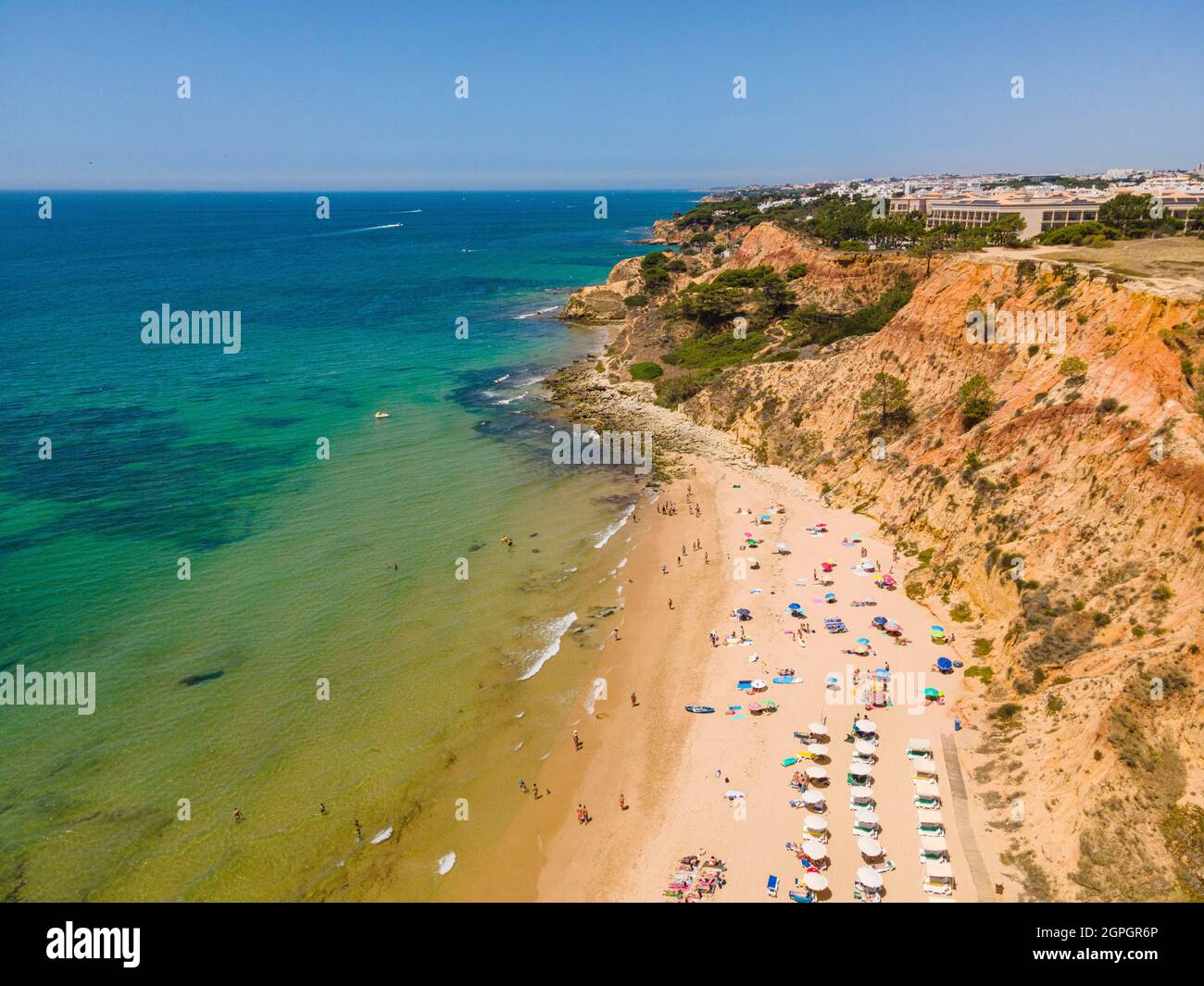 Portugal, Algarve, Albufeira, Praia do Barranco das Belharucas beach (aerial view) Stock Photo