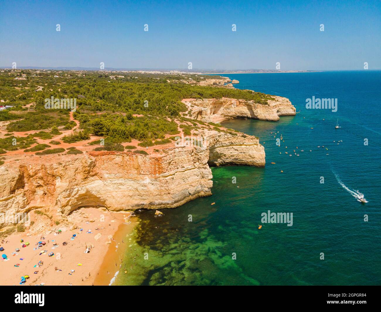 Portugal, Algarve, Albufeira, the beach and the cave of Benagil (aerial view) Stock Photo