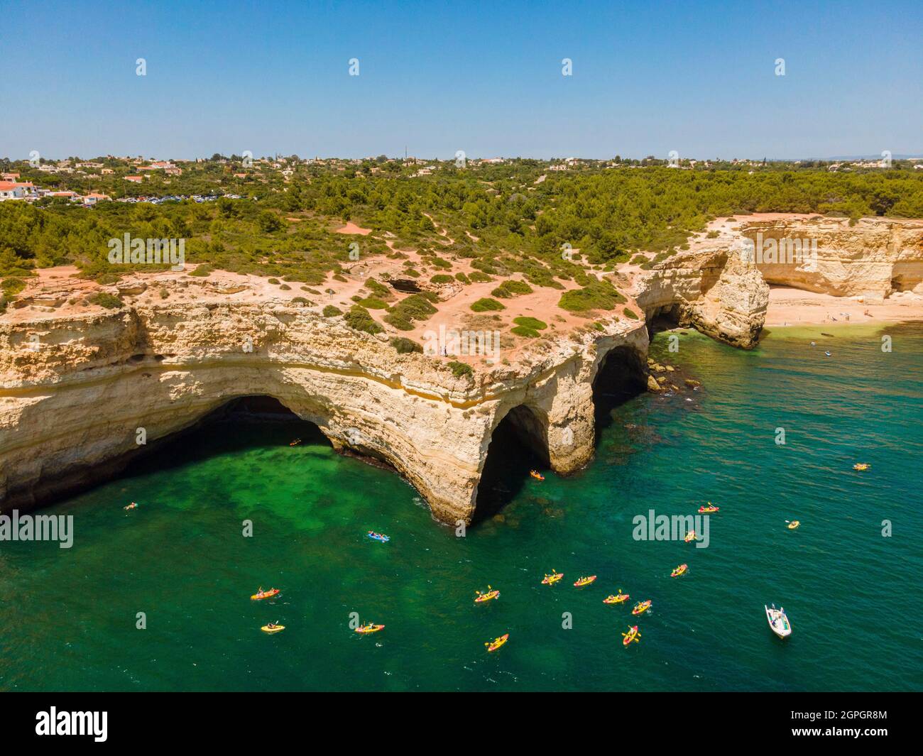Portugal, Algarve, Albufeira, the beach and the cave of Benagil (aerial view) Stock Photo
