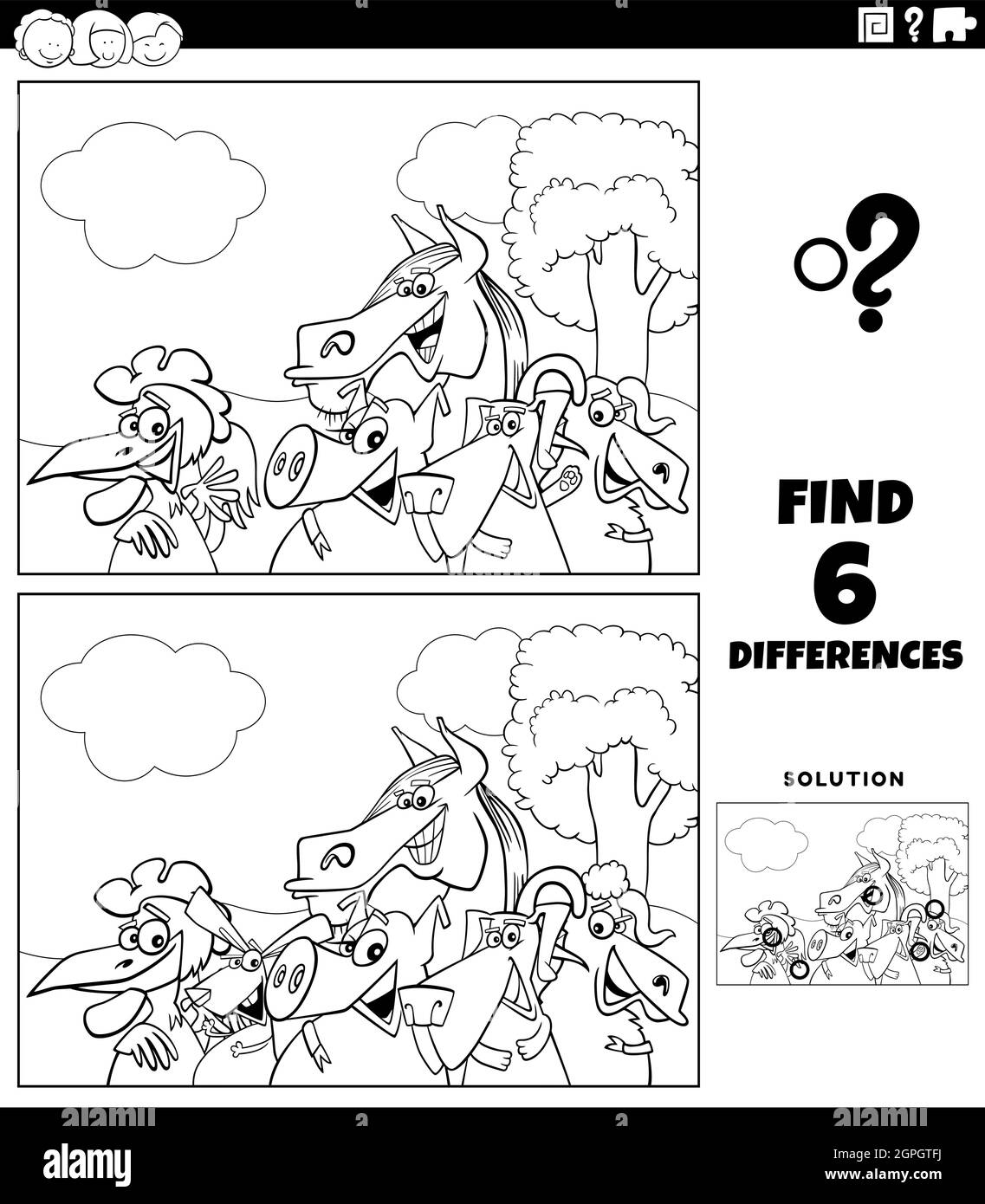 differences educational game with farm animals color book page Stock Vector