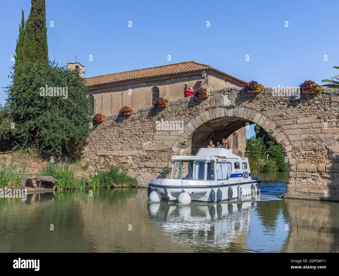 France, Aude, Ginestas, Le Somail, the Canal du Midi listed as World Heritage by Unesco Stock Photo