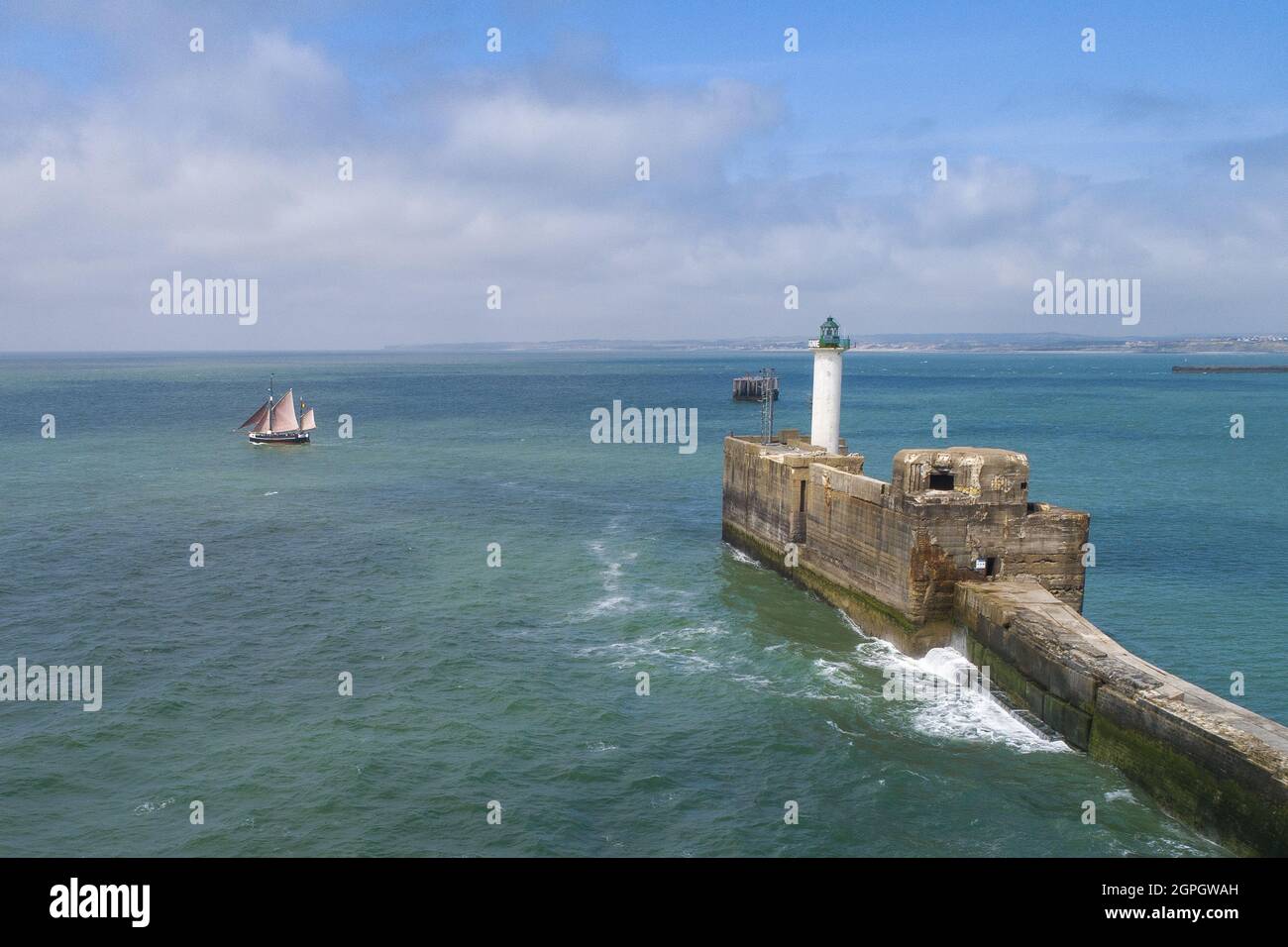 france, pas de calais, boulogne sur mer, sea festival, old rigging out to sea near the Carnot dyke (aerial view) Stock Photo