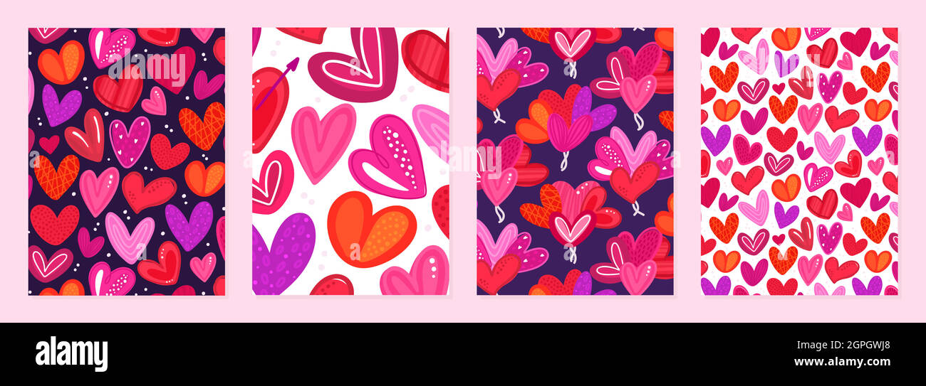 Set of cover templates with colorful hearts with hand-drawn texture. Designs for Valentine's Day. Symbol of love. Designs is for notebook, planner, diary, poster, card. Size A4. Vector illustration Stock Vector