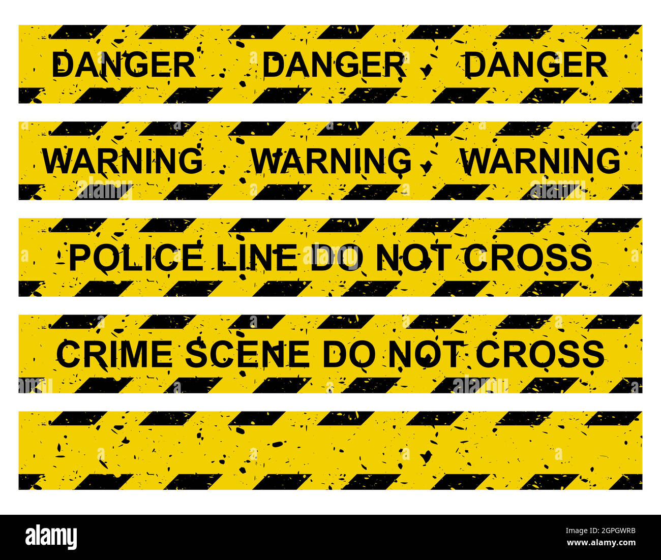 Caution tape set. Yellow warning ribbon collection with different texts:  do not cross police line, crime scene, danger, warning and blank. Vector criminal border isolated on white. Stock Vector