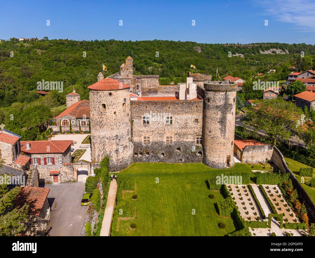 France, Haute Loire (43), Saint Vidal castle, medieval fortress near Puy en Velay, built and fortified from the 13th century to the 16th century, one of the jewels of military architecture of Auvergne and the one of the best preserved fortresses in the region (aerial view) Stock Photo
