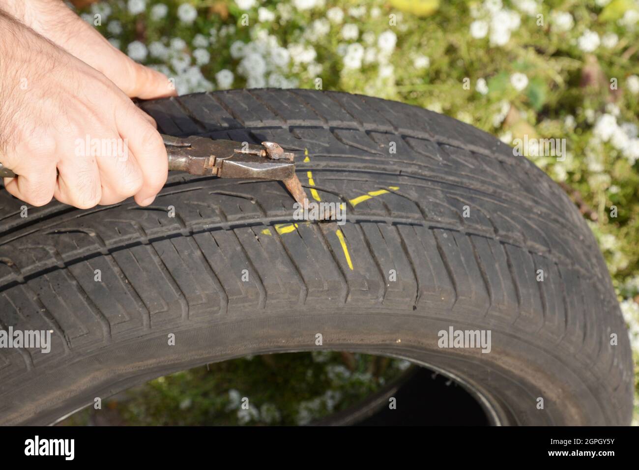 Fix flat car tire. Car tire damage with nail Stock Photo Alamy