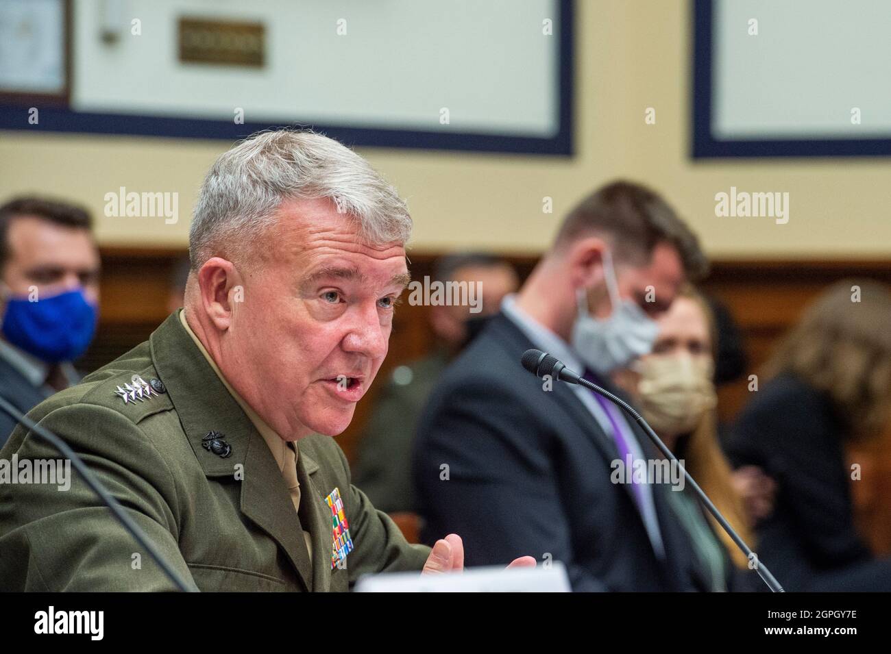 Washington, Vereinigte Staaten. 29th Sep, 2021. General Kenneth McKenzie Jr., USMC Commander, U.S. Central Command responds to questions during a House Armed Services Committee hearing on âEnding the U.S. Military Mission in Afghanistanâ in the Rayburn House Office Building in Washington, DC, Wednesday, September 29, 2021. Credit: Rod Lamkey/Pool via CNP/dpa/Alamy Live News Stock Photo