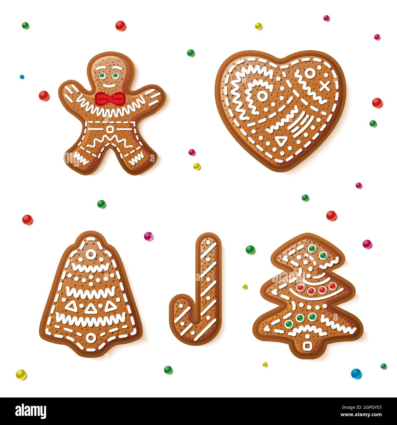 Set of Gingerbread Christmas Cookies Isolated on White Background. Vector Illustration. Christmas Tree, Bell, Gingerbread Man, Heart and Candy. Stock Vector