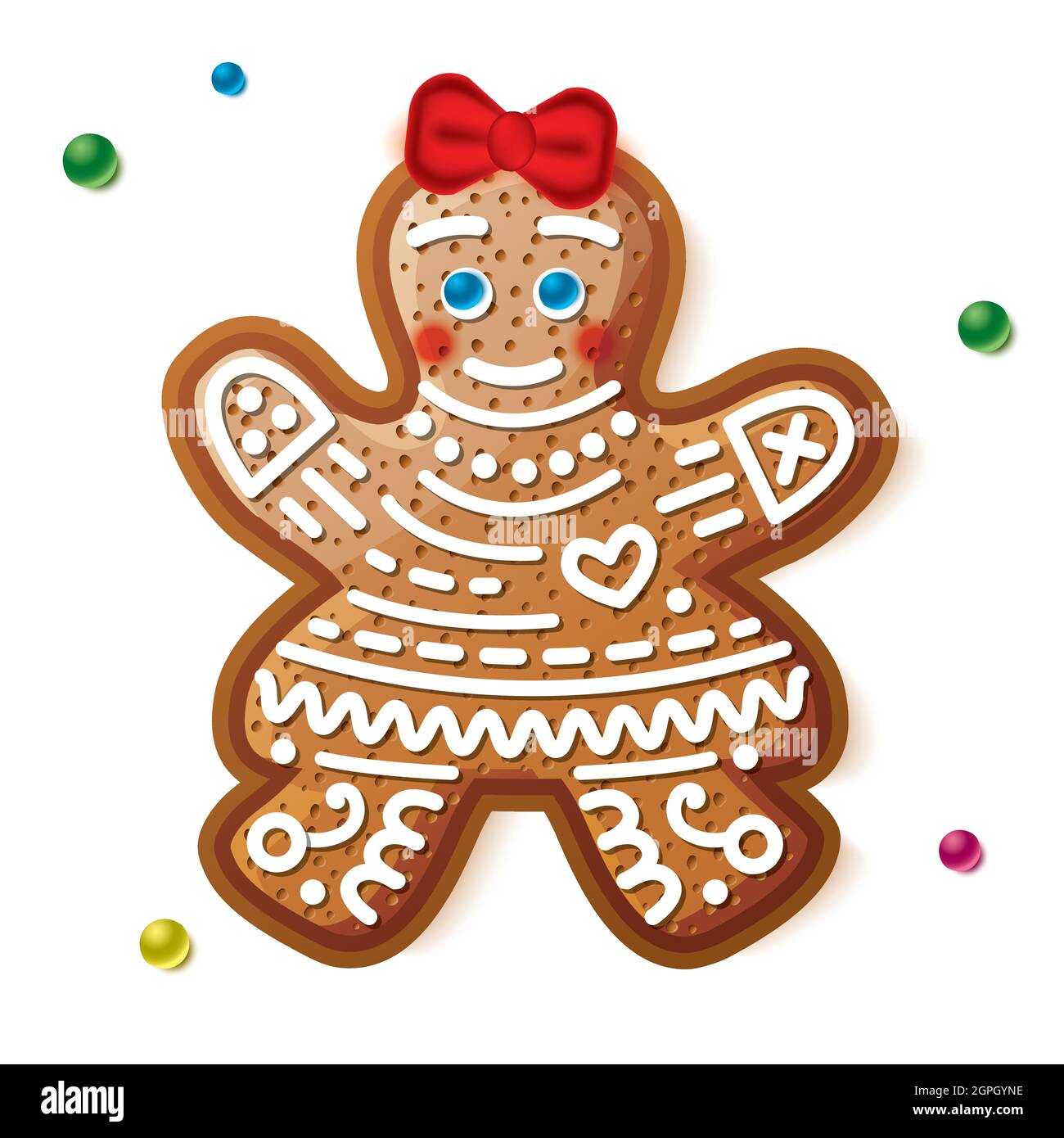 Gingerbread Woman Isolated on White. Christmas Cookie. Vector Illustration. Stock Vector