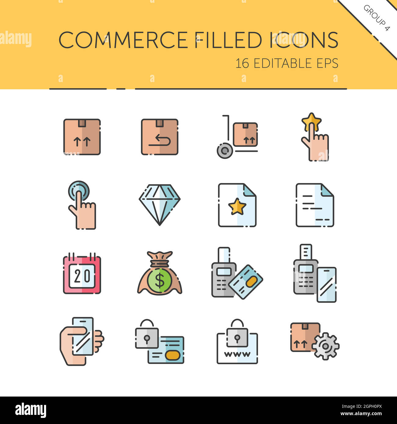 Commerce. Box, diamond, hand, swiping machine, security, money and calendar group. Isolated icon set. Filled vector illustration Stock Vector