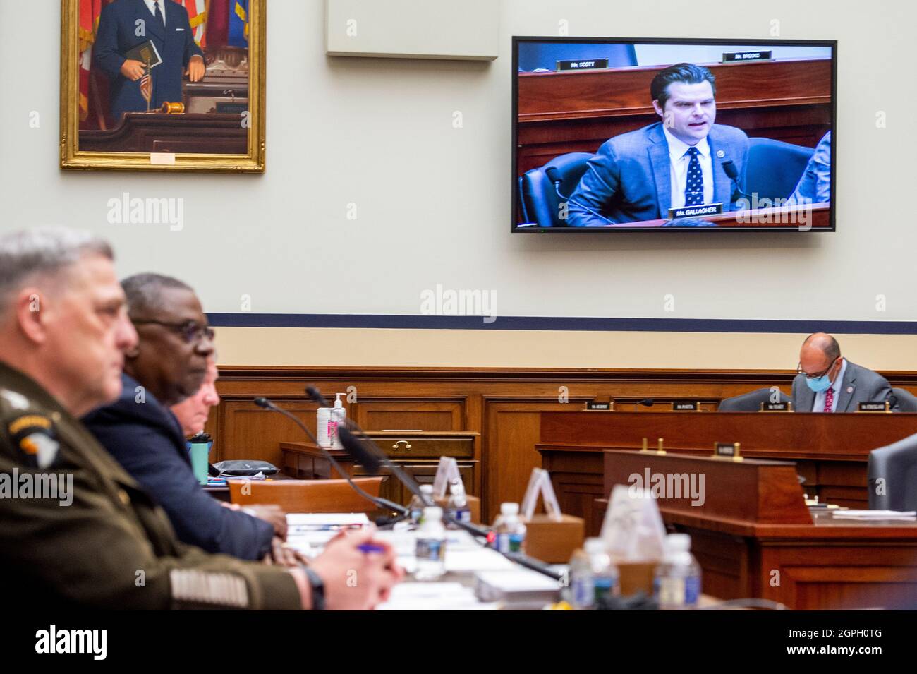 Washington, USA. 29th Sep, 2021. United States Representative Matt Gaetz (Republican of Florida) questions United States Army General Mark A. Milley, Chairman of the Joint Chiefs of Staff, left, United States Secretary of Defense Lloyd J. Austin III, center, and General Kenneth McKenzie Jr., USMCCommander, U.S. Central Command, right, during a House Armed Services Committee hearing on “Ending the U.S. Military Mission in Afghanistan” in the Rayburn House Office Building in Washington, DC, Wednesday, September 29, 2021. (Photo by Rod Lamkey/Pool/Sipa USA) Credit: Sipa USA/Alamy Live News Stock Photo