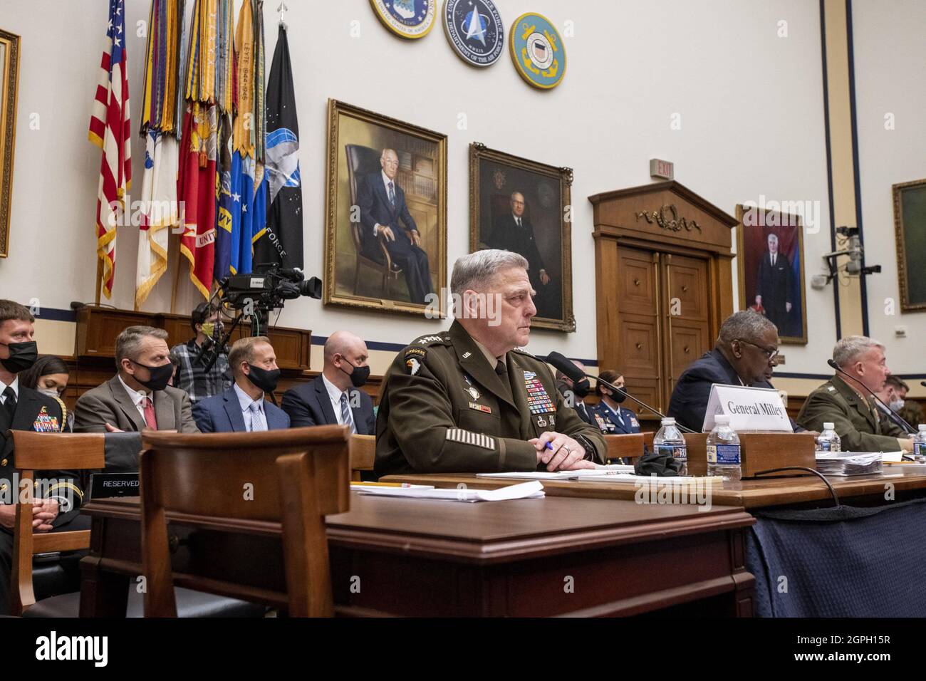 United States Army General Mark A. Milley, Chairman of the Joint Chiefs of Staff, left, United States Secretary of Defense Lloyd J. Austin III, center, and General Kenneth McKenzie Jr., USMC Commander, U.S. Central Command, right, appear before a House Armed Services Committee hearing on âÂ€ÂœEnding the U.S. Military Mission in AfghanistanâÂ€Â in the Rayburn House Office Building in Washington, DC, Wednesday, September 29, 2021. Photo by Rod Lamkey / Pool/ABACAPRESS.COM Stock Photo