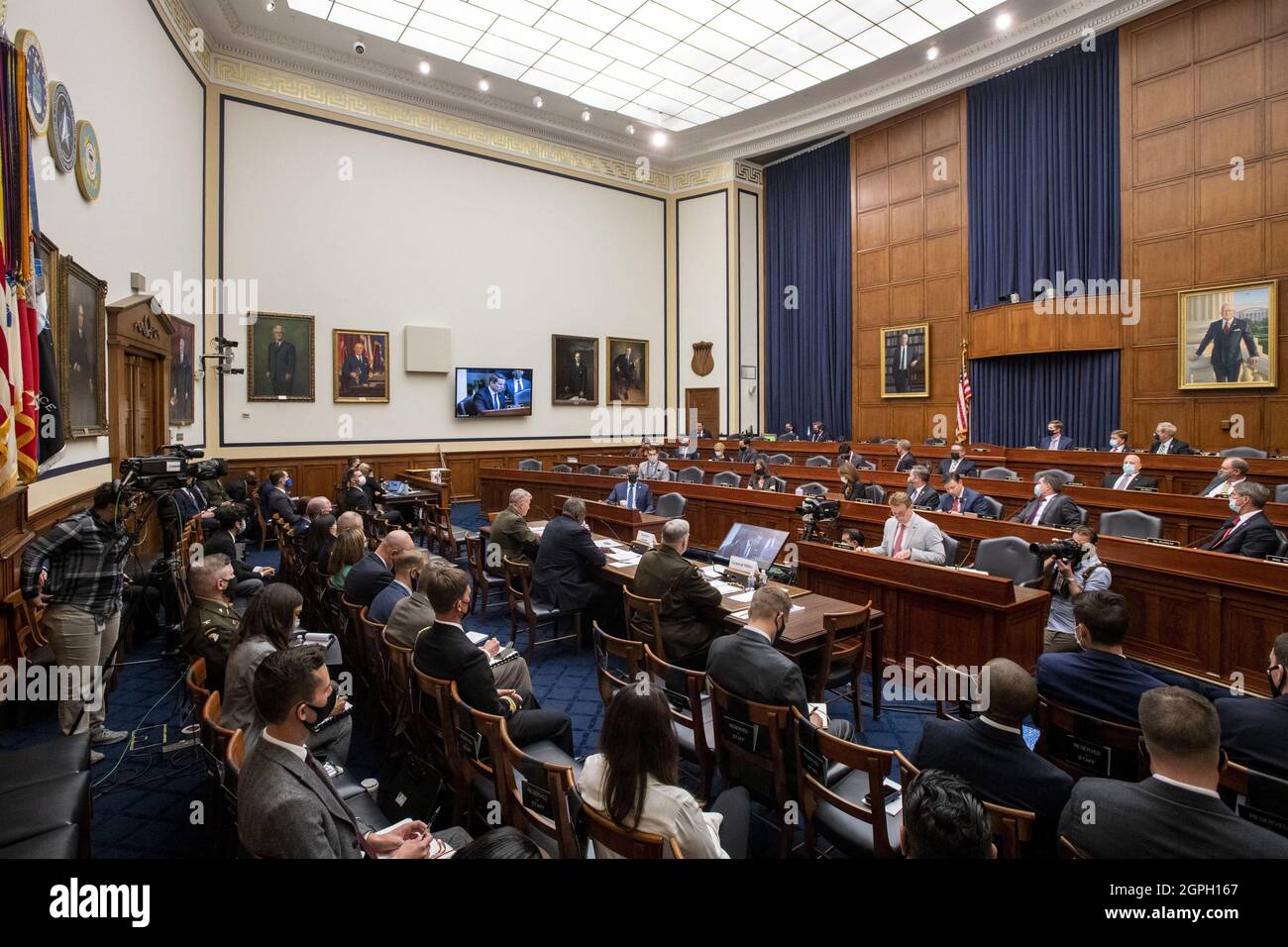 General Kenneth McKenzie Jr., USMC Commander, U.S. Central Command, left, United States Secretary of Defense Lloyd J. Austin III, center, and United States Army General Mark A. Milley, Chairman of the Joint Chiefs of Staff, right, appear before a House Armed Services Committee hearing on âÂ€ÂœEnding the U.S. Military Mission in AfghanistanâÂ€Â in the Rayburn House Office Building in Washington, DC, Wednesday, September 29, 2021. Photo by Rod Lamkey / Pool/ABACAPRESS.COM Stock Photo