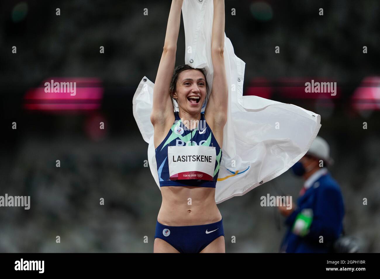 Mariya Lasitskene participating in the high jump at the Tokyo 2020 ...