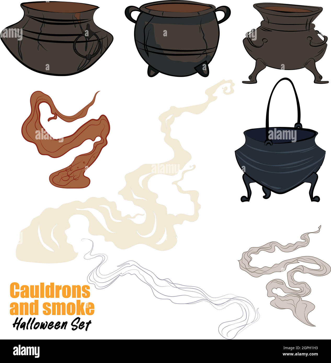 Set Witches cauldron with boiling magic potion Stock Vector