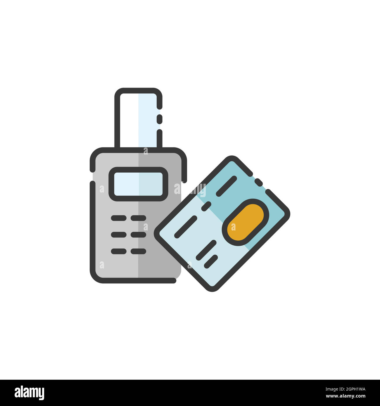 Pay with credit card reader machine. Swiping terminal payment. Contactless. Filled color icon. Commerce vector illustration Stock Vector