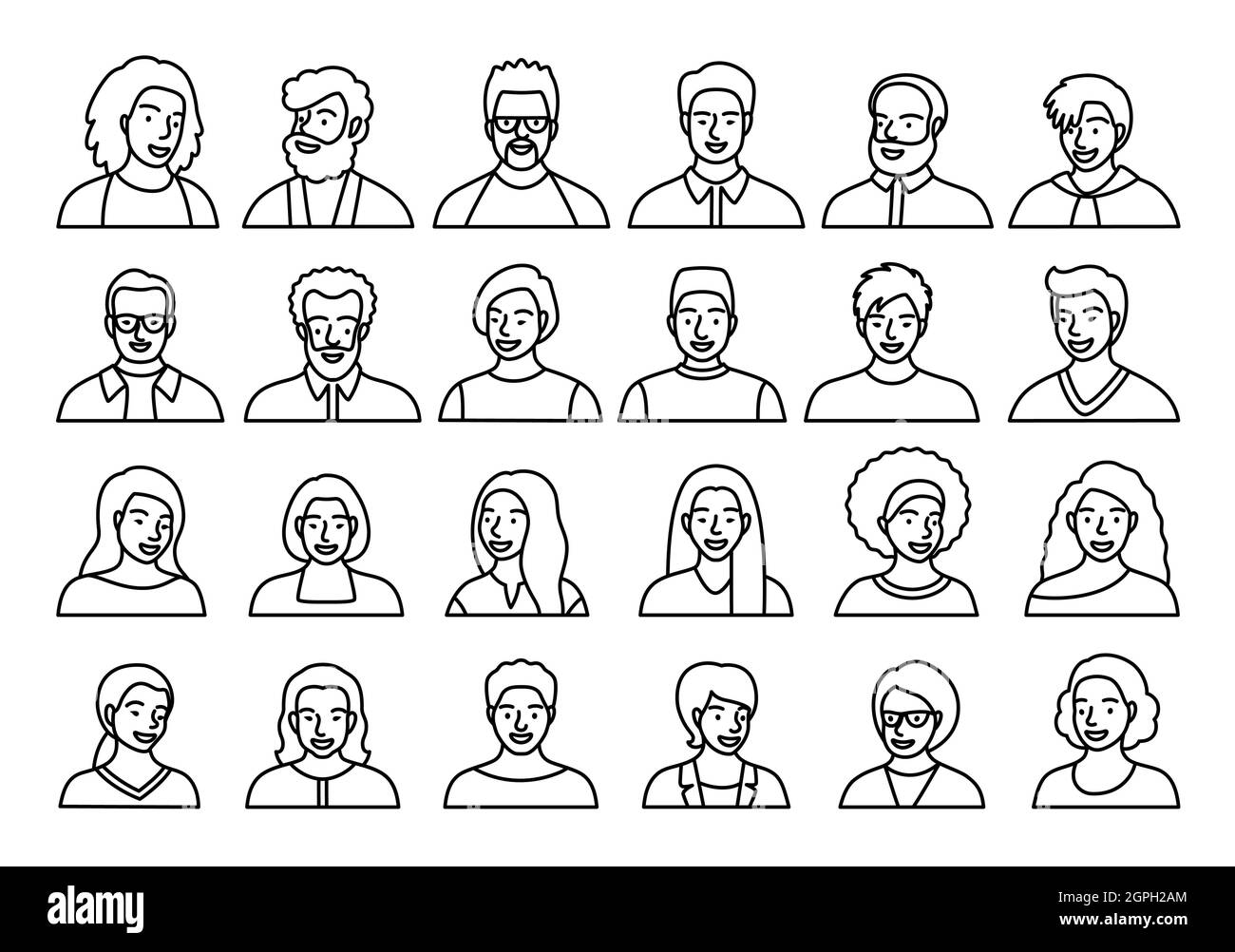 Contour set of persons, avatars, people heads of different ethnicity and age in flat style. Multi nationality social networks line people faces Stock Vector