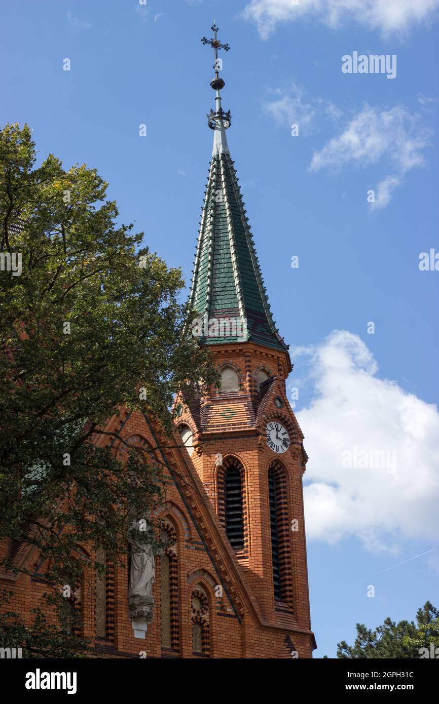 Detail of the tower of the Church of the Visitation of the Virgin Mary in Breclav-Postorná is built in the neo-Gothic style Stock Photo