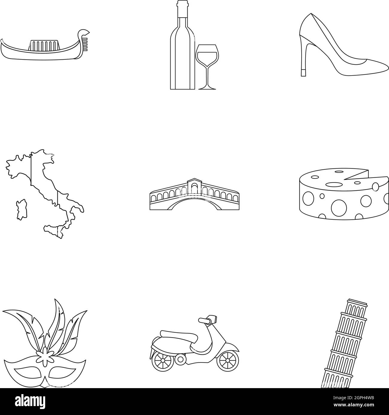 Italy icons set, outline style Stock Vector