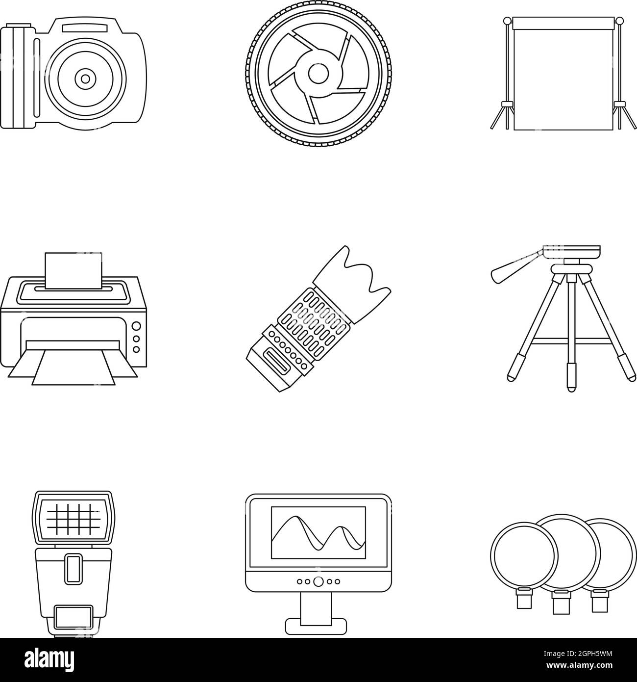 Taking photo icons set, outline style Stock Vector