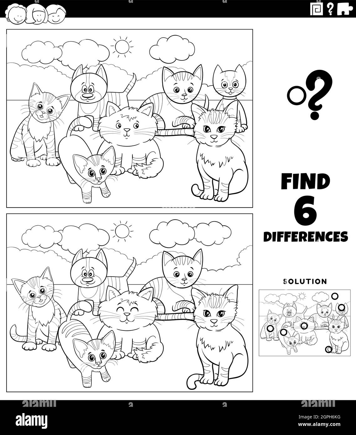 differences educational game with cats coloring book page Stock Vector ...