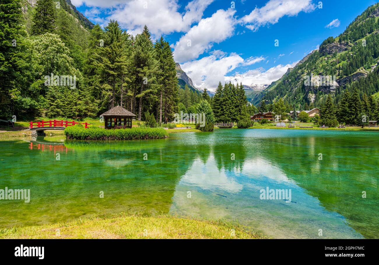 Idyllic summer view at Gressoney-Saint-Jean with the Monterosa in the background. In the Lys Valley. Aosta Valley, northern Italy. Stock Photo