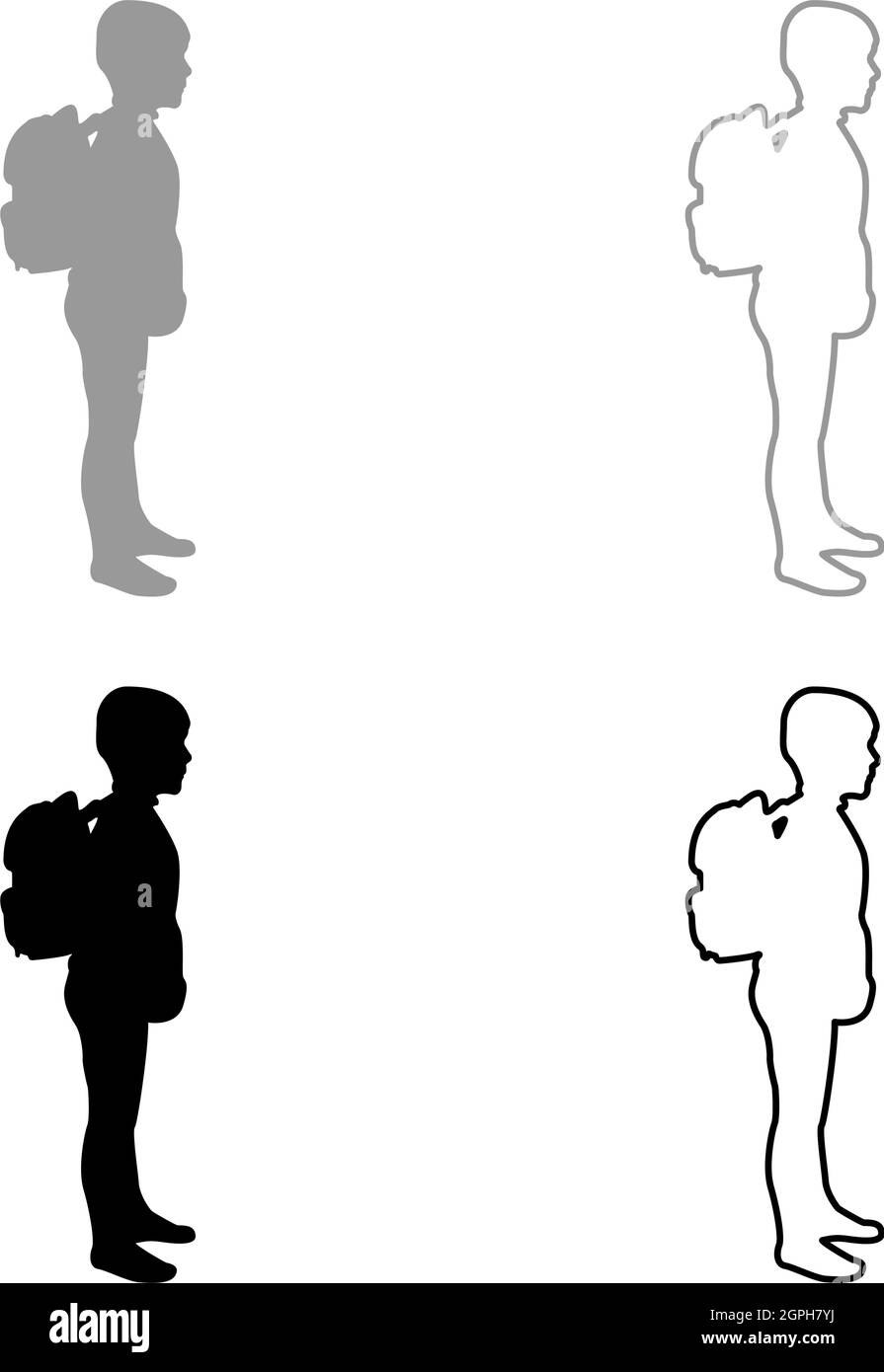 Schoolboy with backpack Pupil stand carrying on back Going to school concept Come back to school idea education Preschooler rucksack first September start lessons knapsack Side view silhouette grey black color vector illustration solid outline style image Stock Vector