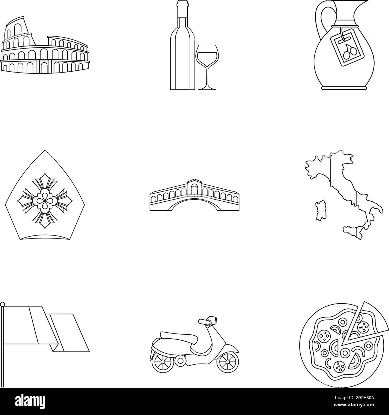 Country Italy icons set, outline style Stock Vector