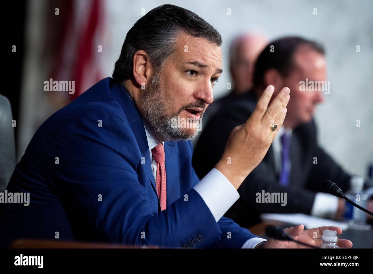 Senator Ted Cruz, R-Texas, speaks during the Senate Judiciary Committee hearing titled 'Texas Unconstitutional Abortion Ban and the Role of the Shadow Docket', in Hart Senate Office Building, Washington, U.S., September 29, 2021. Tom Williams/Pool via REUTERS Stock Photo
