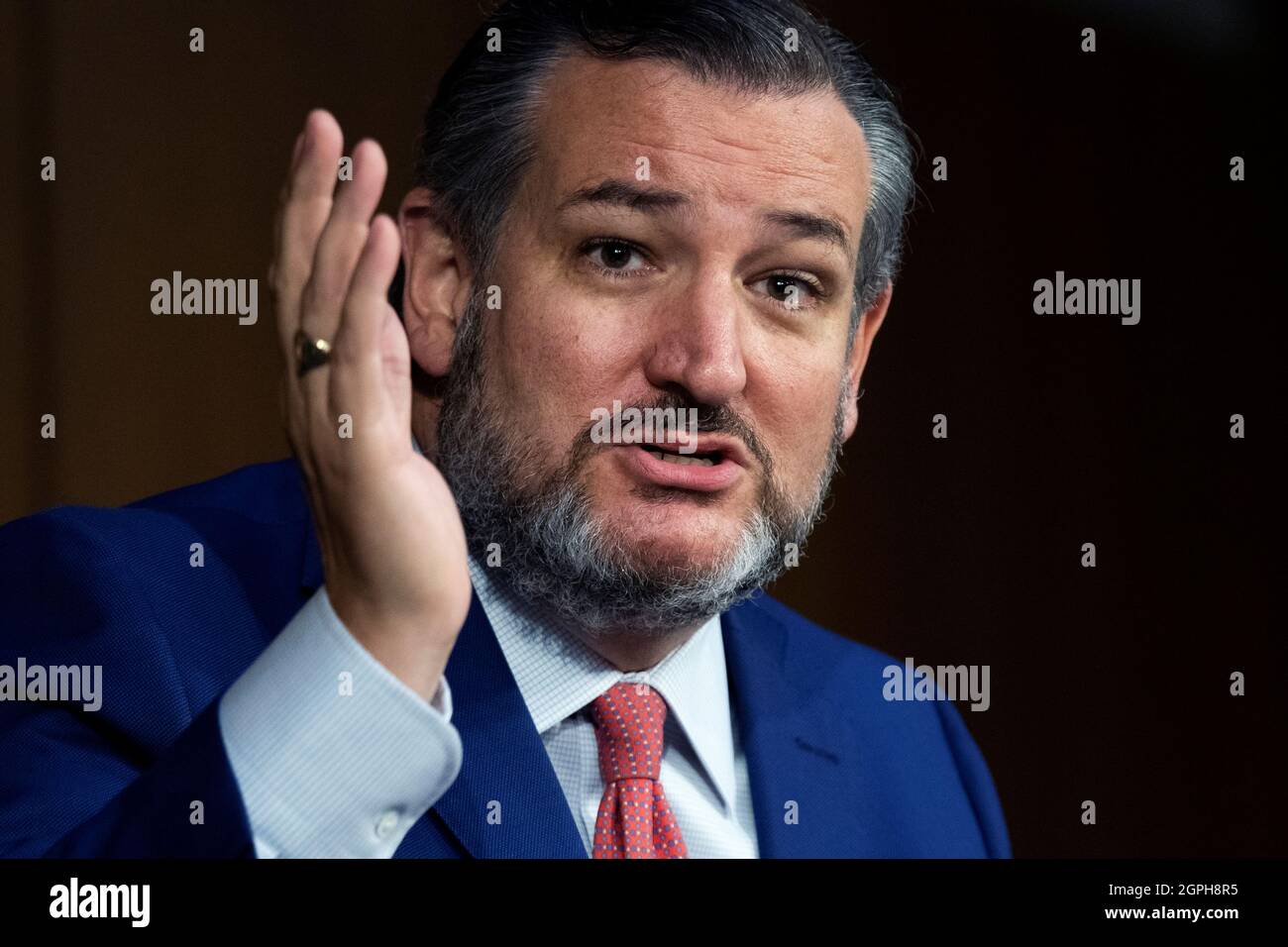 Senator Ted Cruz, R-Texas, speaks during the Senate Judiciary Committee hearing titled 'Texas Unconstitutional Abortion Ban and the Role of the Shadow Docket', in Hart Senate Office Building, Washington, U.S., September 29, 2021. Tom Williams/Pool via REUTERS Stock Photo