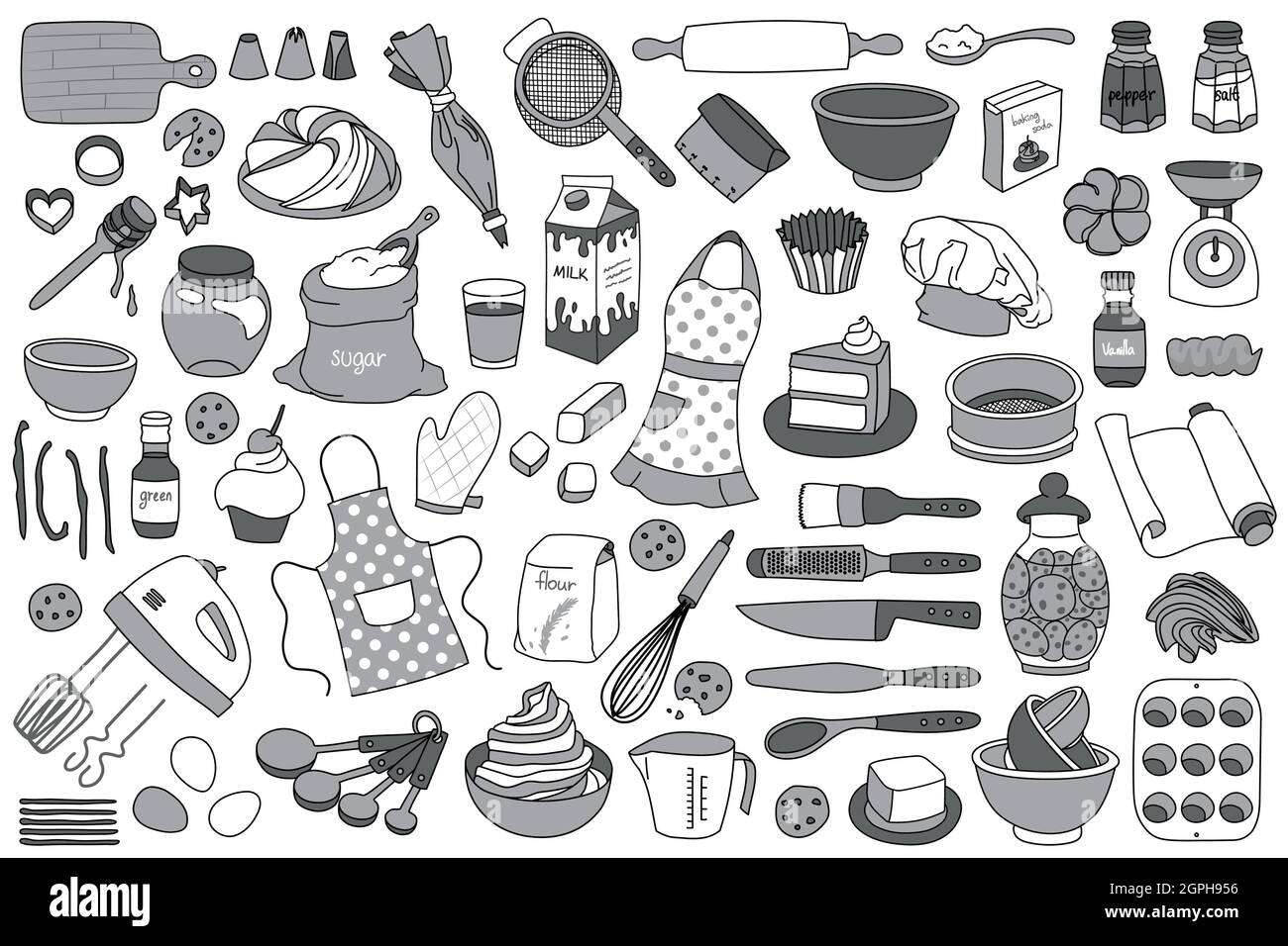 Collection of simple hand drawn vector illustrated doodles of baking tools, ingredients and elements. Grayscale colored elements on white background. Stock Vector