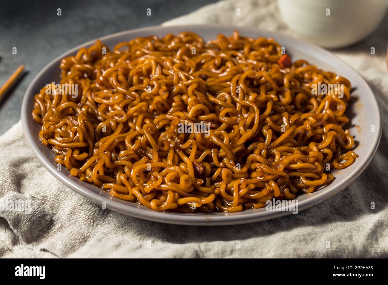 Homemade Korean JJajang Black Bean Noodles with Chopsticks Stock Photo
