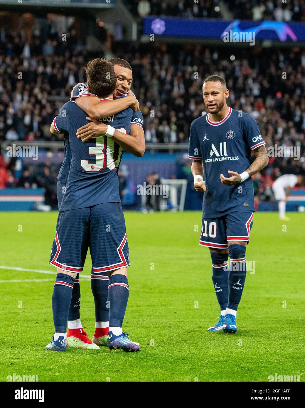 Lionel Messi Of Paris Saint Germain Celebrate He S 1st Goal With Kylian Mbappe And Neymar During The Uefa Champions League Group A Match Between Paris Stock Photo Alamy