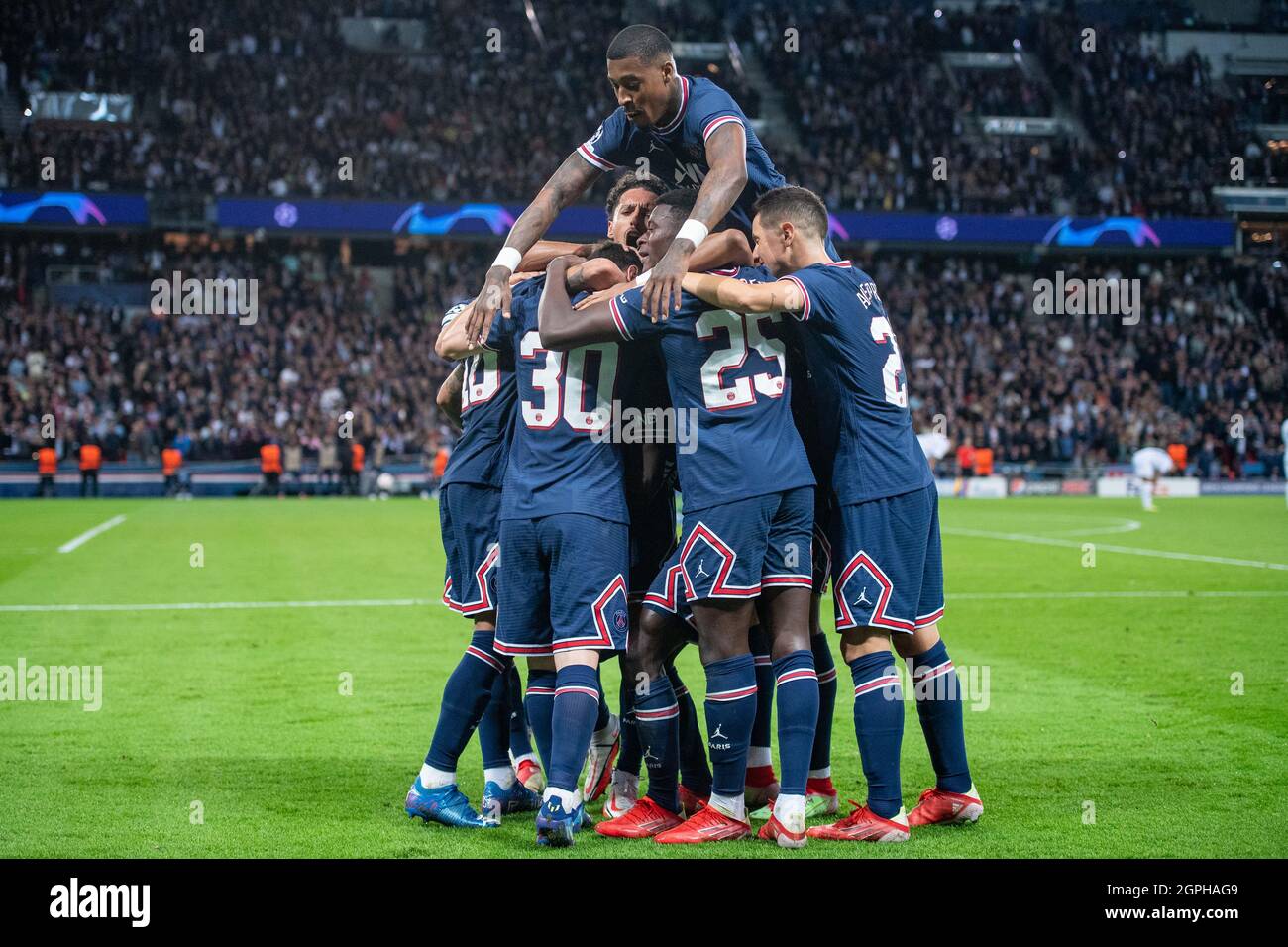 Lionel Messi of Paris Saint-Germain celebrate he’s 1st goal with Presnel Kimpembe, Marquinhos, Kylian Mbappé and Neymar during the UEFA Champions Leag Stock Photo