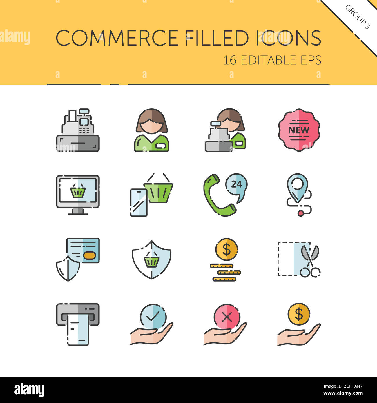Commerce. People, cashier machine, phone, security, ticket, money and hands group. Isolated icon set. Filled vector illustration Stock Vector