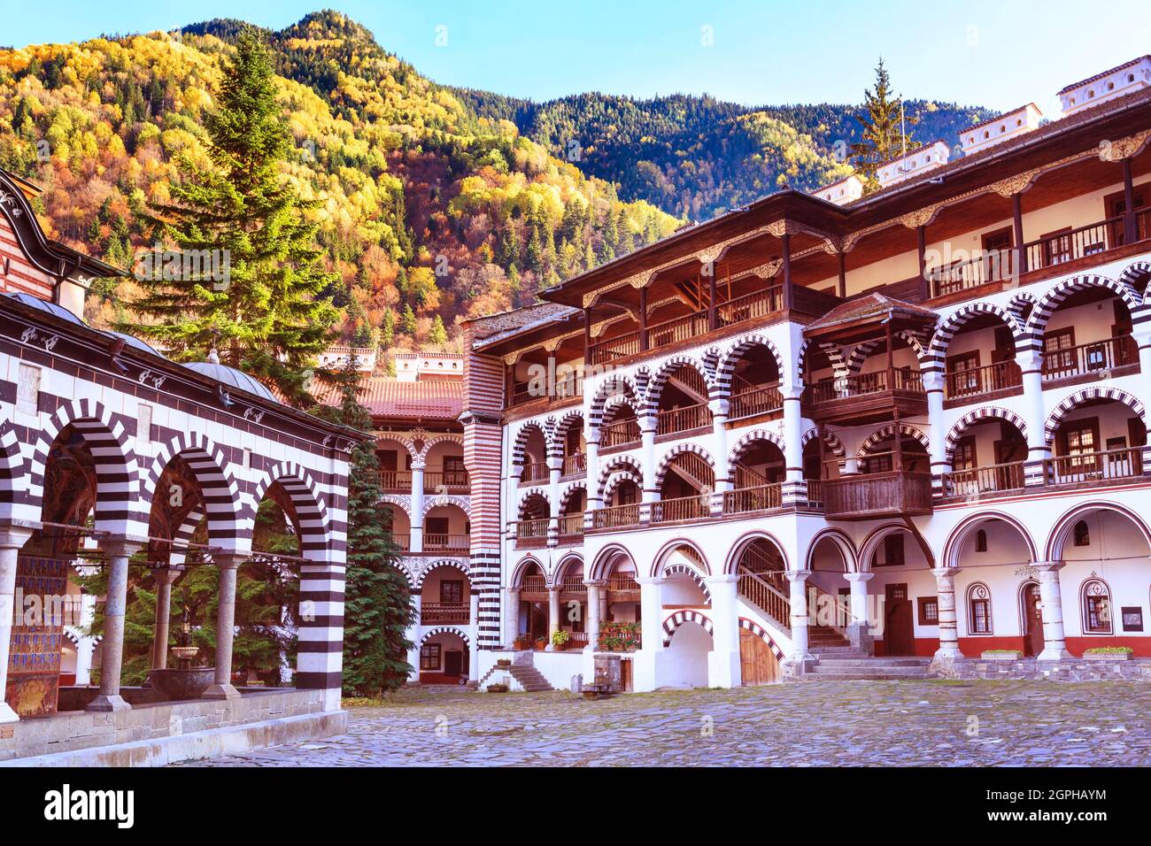 Bulgaria, beautiful church in Unesco World Heritage site famous Rila Monastery, Rilsky monastery Stock Photo