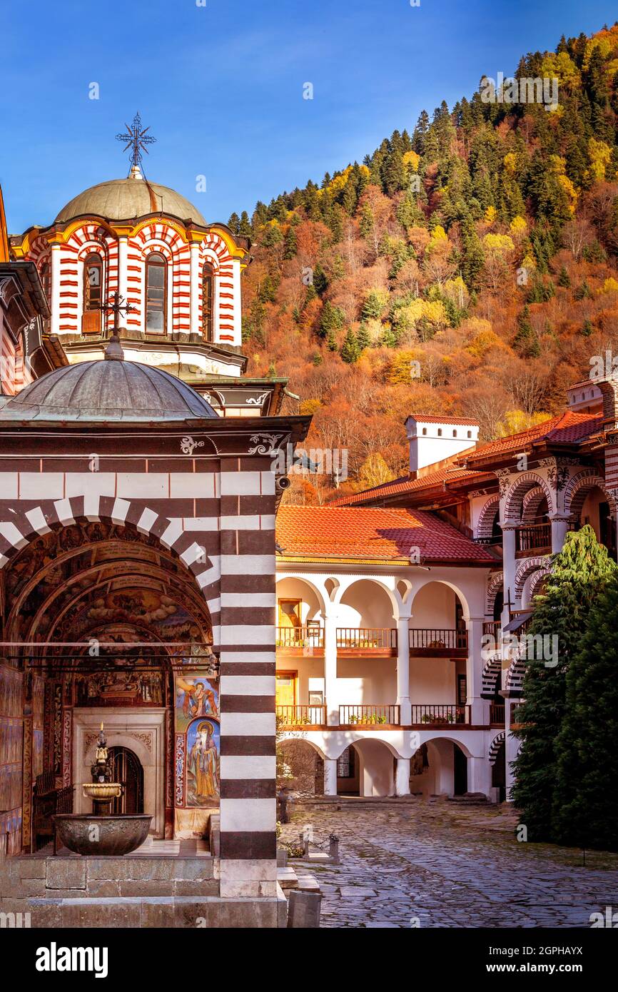 Bulgaria, beautiful church in Unesco World Heritage site famous Rila Monastery, Rilsky monastery Stock Photo