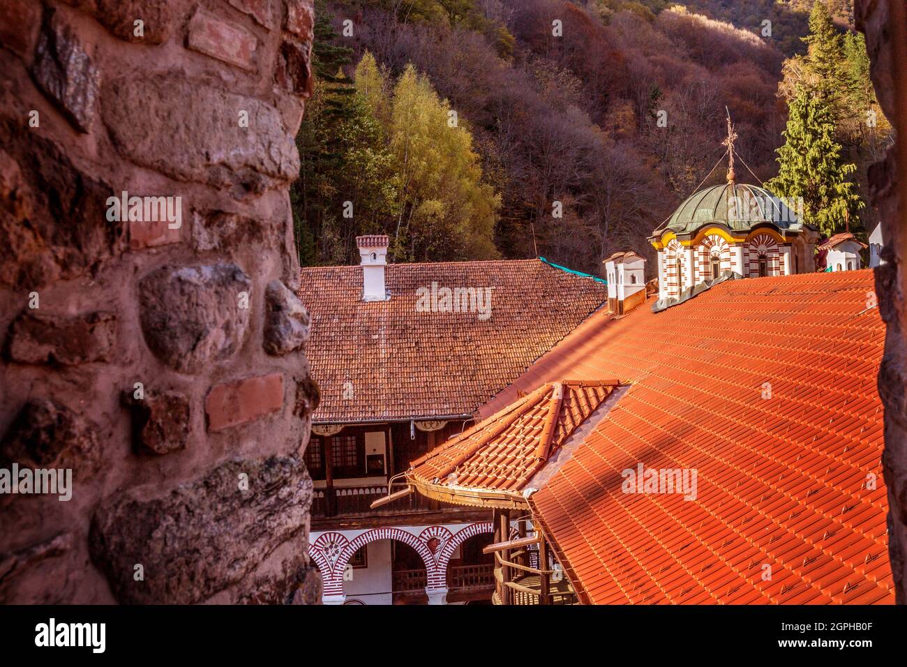 Bulgaria, beautiful church in Unesco World Heritage site famous Rila Monastery, Rilsky monastery Stock Photo