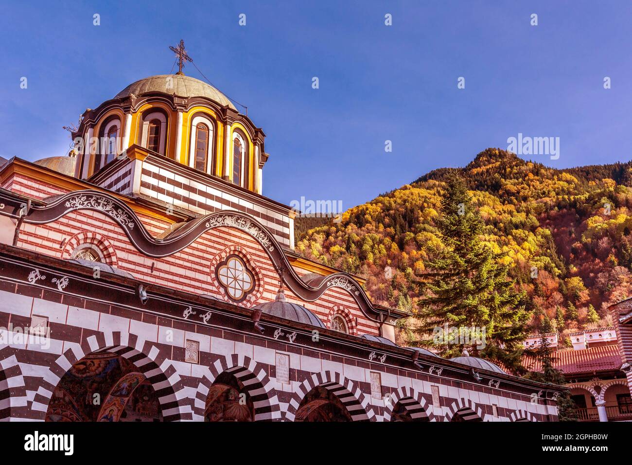 Bulgaria, beautiful church in Unesco World Heritage site famous Rila Monastery, Rilsky monastery Stock Photo