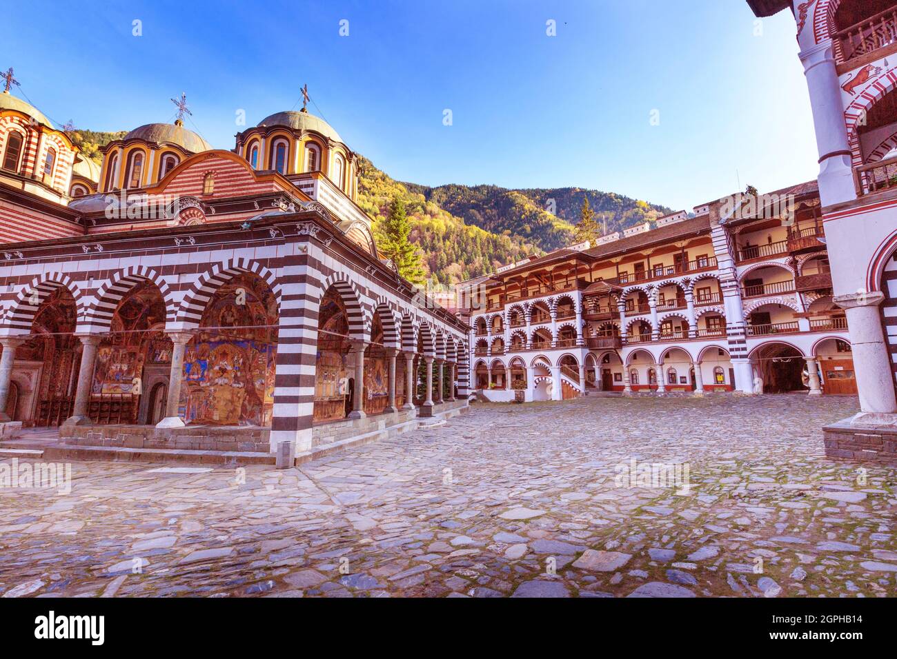 Bulgaria, beautiful church in Unesco World Heritage site famous Rila Monastery, Rilsky monastery Stock Photo