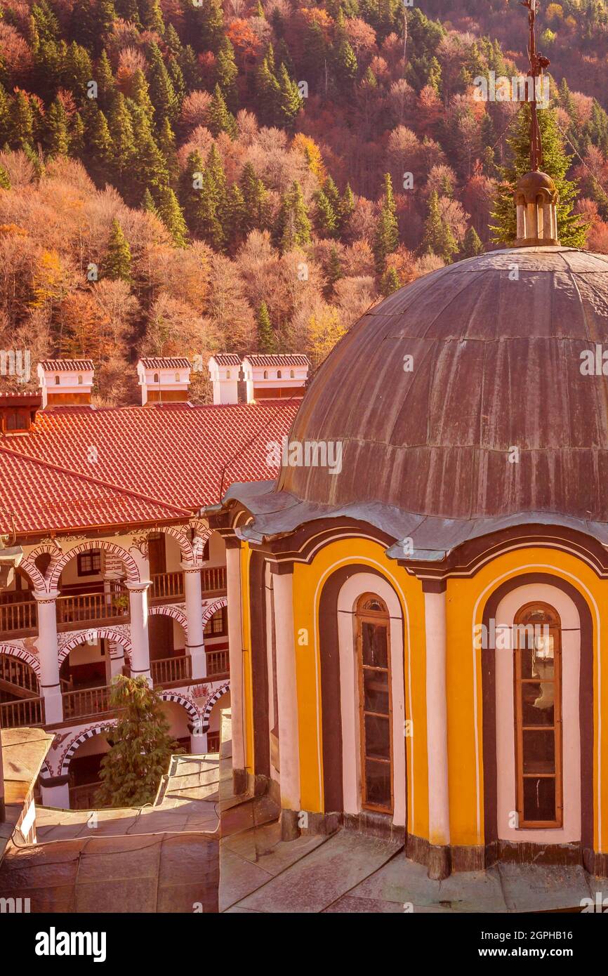 Bulgaria, beautiful church in Unesco World Heritage site famous Rila Monastery, Rilsky monastery Stock Photo