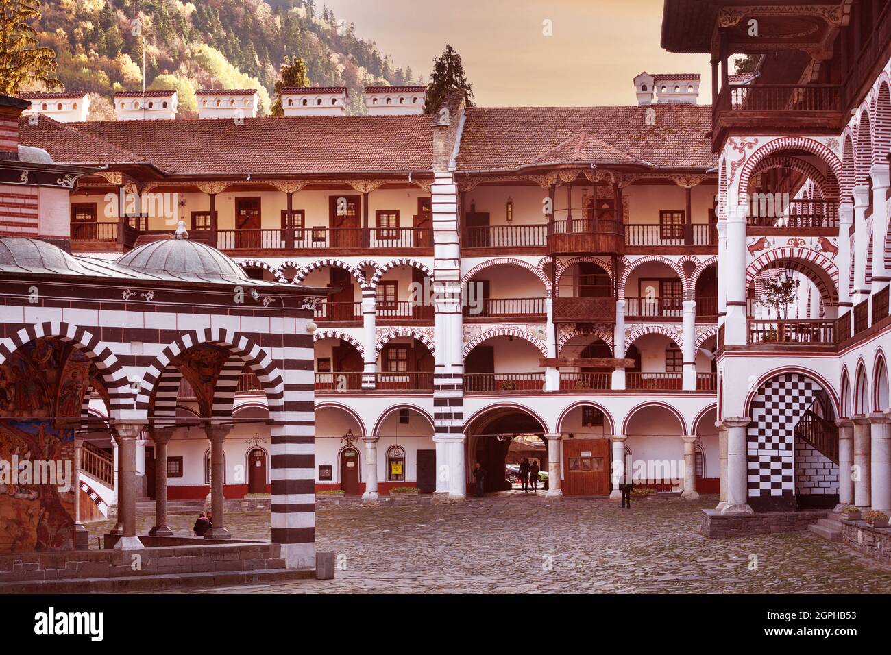 Rila, Bulgaria - October 27, 2017: Rila monastery view and people walking Stock Photo