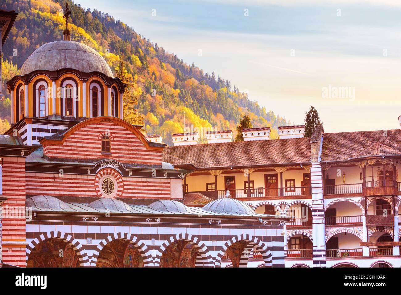 Bulgaria, beautiful church in Unesco World Heritage site famous Rila Monastery, Rilsky monastery Stock Photo