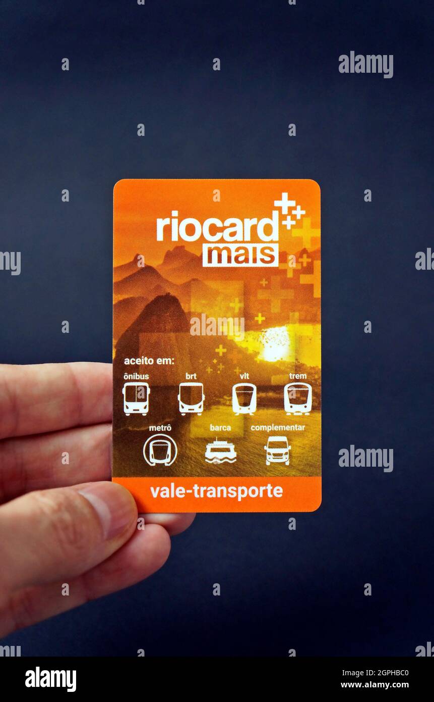 RIO DE JANEIRO, BRAZIL - OCTOBER 31, 2020: Hand holding a Riocard, which can be used to pay for any kind of public transport on Rio de Janeiro city Stock Photo