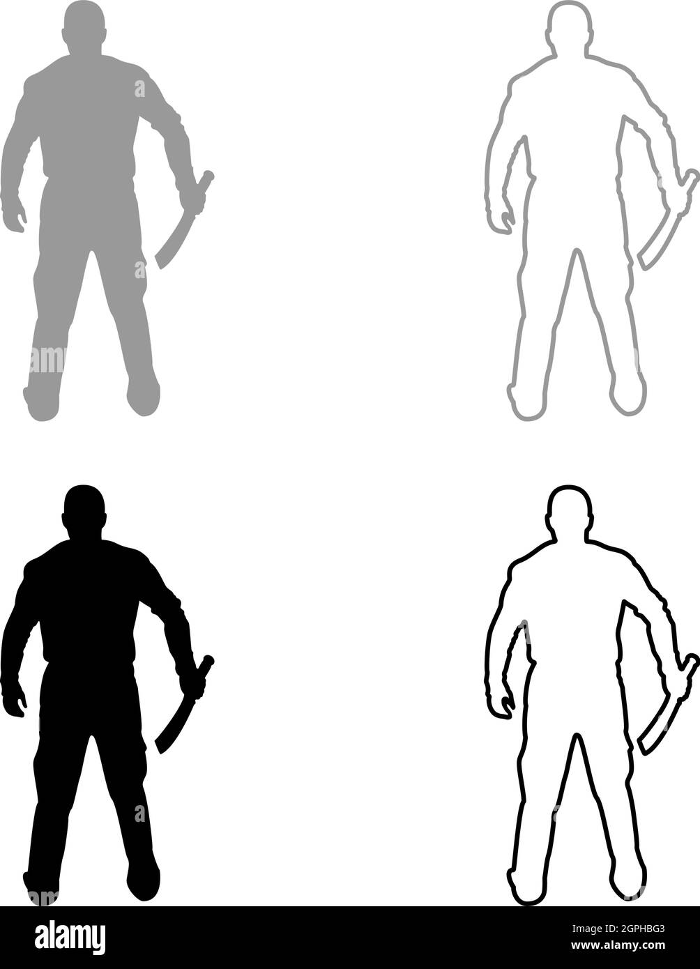 Man with sword machete Cold weapons in hand military man Soldier Serviceman in positions Hunter with knife Fight poses Strong defender Warrior concept Weaponry Stand View from rear Terrible and scary silhouette grey black color vector illustration solid o Stock Vector