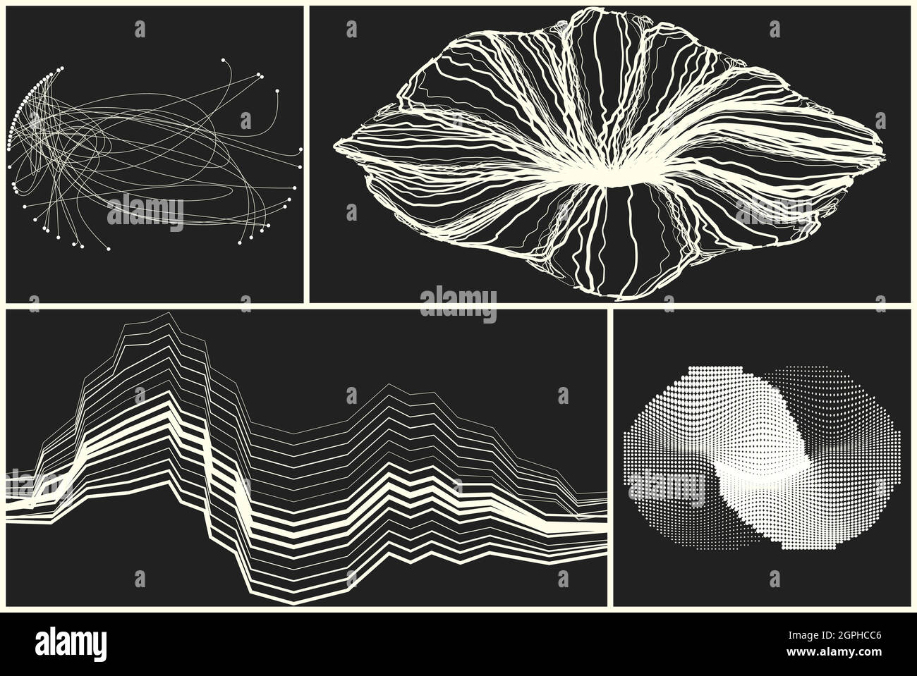 Abstract black and white background with generative art elements. Futuristic and glitched shapes in cyberpunk style. Stock Vector