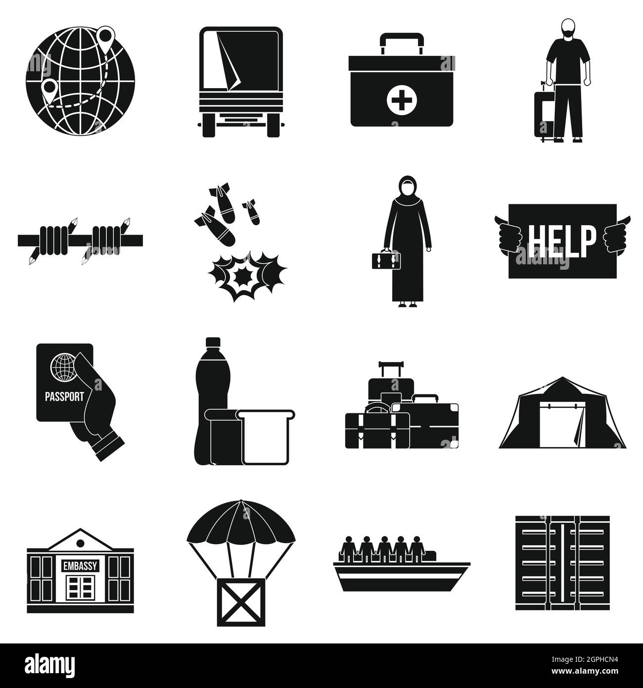 Refugees problem icons set, simple style Stock Vector