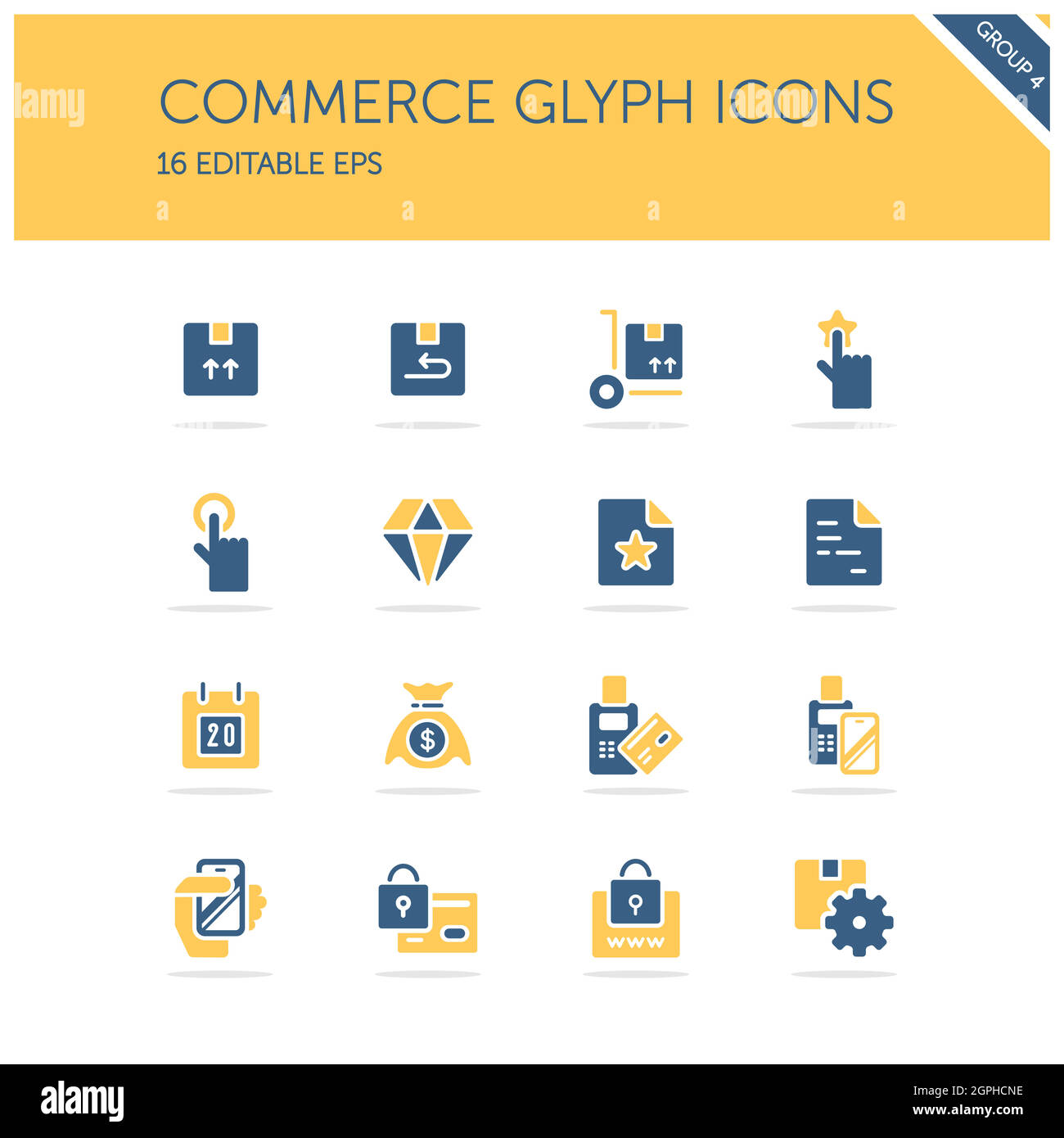 Commerce. Box, diamond, hand, swiping machine, security, money and calendar group. Isolated icon set. Isolated icon set. Glyph vector illustration Stock Vector