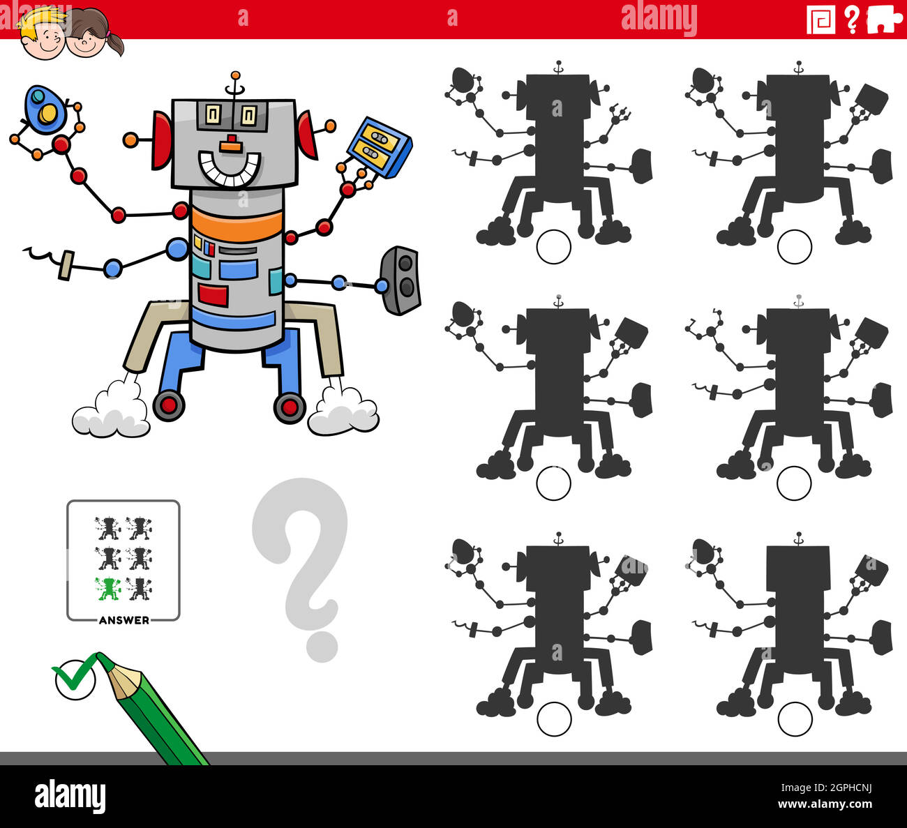 educational shadows game with cartoon robot character Stock Vector